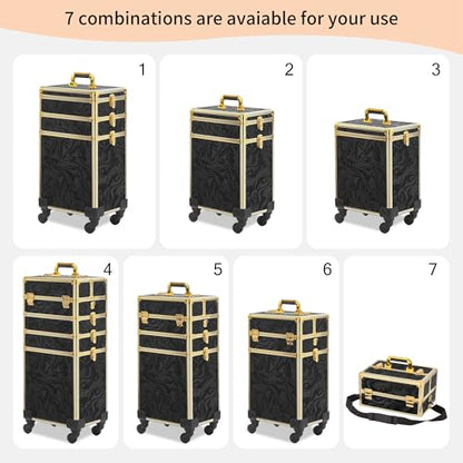 Somduy Rolling Makeup Case, Makeup Train Case with Lid, 5 in 1 Cosmetology Case on Wheels, Christmas Gift, Large Makeup Organizers, Profesional Cosmetic Case for Salon Barber, Pattern Black Gold - color: Black Gold