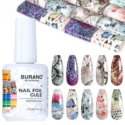 BURANO Nail Art Nail Foil Glue Gel, o.5 oz with 10PCS Foil Stickers Set Nail Foil Glue for Nails Foil Transfer Gel, Nail Design DIY UV LED Lamp Required (Animal 29) - color: Animal 29