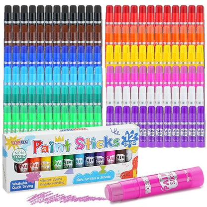 Tempera Paint Sticks for Kids & Artists,144 Pack 12 Vibrant Color,Non-Toxic,Quick Drying,Classic Rainbow Colors,Washable Solid Paint Crayons,Ideal for School Classroom Art Projects & DIY Crafts