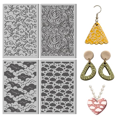 4 Sheets Clouds Clay Texture Mat Clouds Polymer Clay Texture Sheets DIY Tools for Pottery Earring Jewelry Making Stamp Engraving Machines, 3.9x2.6inch - style: Clouds