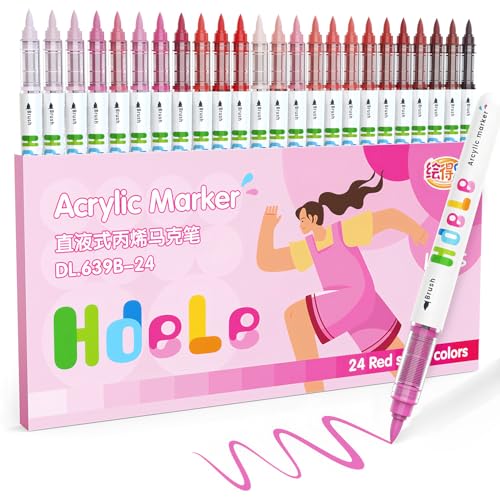 Guangna Red & Pink Acrylic Paint Markers 24 Color, Brush Tip Acrylic Paint Pens for Pumpkin Paint, Christmas Art, Rock Painting, Wood, Glass, Ceramic, Canvas, Stone, DIY Crafts - color: 24-Red & Pink