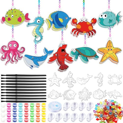 WinnerWhy 30 Sets Summer Marine Animal Suncatchers Window Art Kits, Sea Ocean DIY Crafts Sun Catchers Bulk Paint Your Own Window Ornaments for Adult Home Birthday Activity Party Decor - style: Marine Animal Style