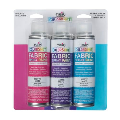 Tulip ColorShot Instant Fabric Spray Paint, Permanent Color Spray-On Fabric Paint, 3 oz Brights 3 Pack, Neon Pink, Purple, Neon Blue