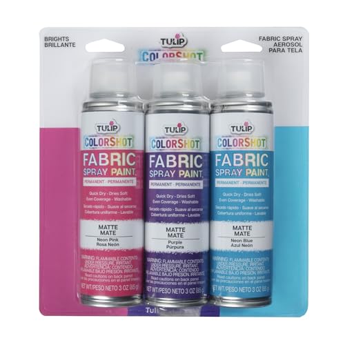Tulip ColorShot Instant Fabric Spray Paint, Permanent Color Spray-On Fabric Paint, 3 oz Brights 3 Pack, Neon Pink, Purple, Neon Blue