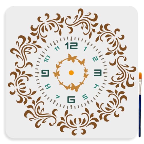 MAYJOYDIY Floral Clock Stencil 11.8×11.8inch Large Flowers Clock Stencil Template with Paint Brush Vintage Ornate Clock Butterfly Stencil for Painting on Furniture Wood Canvas Paper Wall - color: Floral Clock