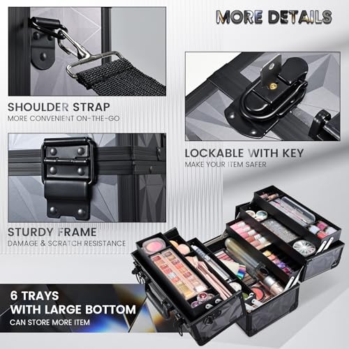 FRENESSA Makeup Case Extra Large Makeup Train Case 12.6 Inch Makeup Box Organizer Profressional Make Up Cases Storage Cosmetic Artist Travel Case with Divider Shoulder Strap Hard Vanity Dark Black - color: Dark Black