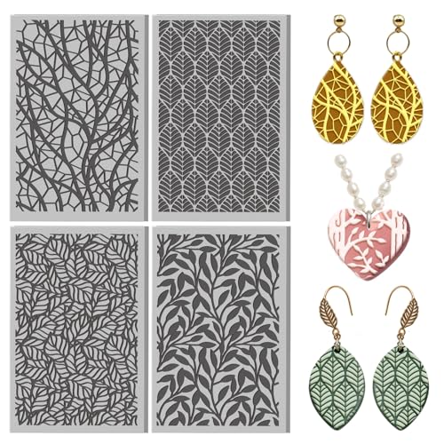 4 Pcs Leaf Texture Pattern Polymer Clay Texture Sheet Rubber Clay Texture Mat for Polymer Clays Making Earrings Jewelry DIY Crafts, 4 × 2.5 Inch - style: Leaf Pattern