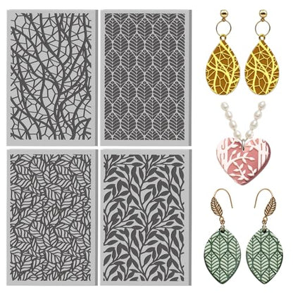 4 Pcs Leaf Texture Pattern Polymer Clay Texture Sheet Rubber Clay Texture Mat for Polymer Clays Making Earrings Jewelry DIY Crafts, 4 × 2.5 Inch - style: Leaf Pattern