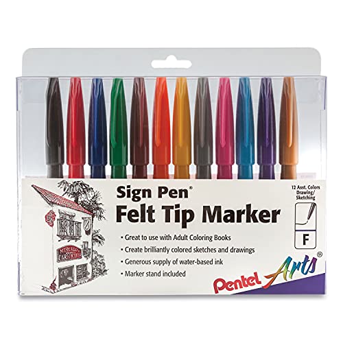 Pentel Felt Tip Sign Pen, Set of 12 Assorted Colors (S520-12) - color: Assorted, size: 12 Count (Pack of 1)