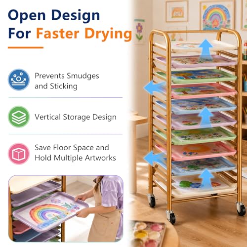 LEIFIDE Mobile Art Drying Rack with 10 Colorful Tough Trays, Paint Rack with 4 Wheels, Large Capacity Classroom Painting Organizer, Metal Frame, for Kids, School & Art Studio