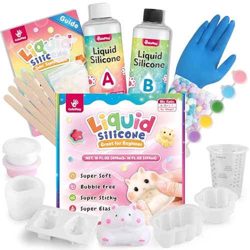 ColoPlay Taba Squishy Kit - 32OZ Bigger Rubber Squishy Kit with Guided, 44 PCS Bubble Free and Faster Fully Cures - FuFu Squishy Kit with Mold, Flocking Powder - Stress Relief Entertainment - size: 32OZ Kit