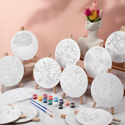 Supervitae 72 Piece Spring Floral 5.9" Round Pre Drawn Canvas Kit Spring Paint and Sip Kit with Pictures Paints Easels Brushes for Kids Adults DIY Painting Holiday Easter Party Gifts - size: 5.9", style: Flower