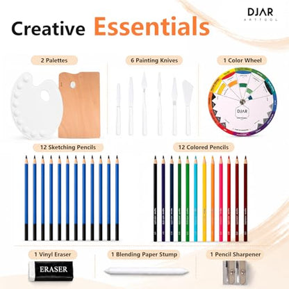 DJAR 89 Pcs Acrylic Paint Set with Wooden French Easel for Adults | Professional Painting Kit Includes 24 Color Acrylic Paint, Canvas, Brushes & Art Supplies for Students, Beginners