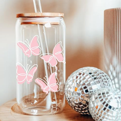 BIPEDS Butterfly Gifts for Women, Pink Cute Glass Cups with Lids and Straws, Aesthetic Iced Coffee Cup, Girly Preppy Design Tumbler Mug, Birthday Valentines Christmas, Teen Girl Gifts Trendy Stuff - color: 08-Pink Butterly