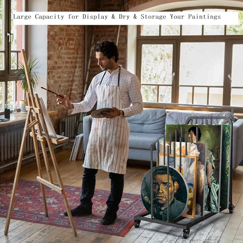 Mobile Art Canvas Storage Rack on Wheels, Adjustable Metal Framed Artwork Drying Holder, Large Vertical Picture Frame Display Stand for Painting Boards, Framed Picture, Shipping Box (Black) - color: Black