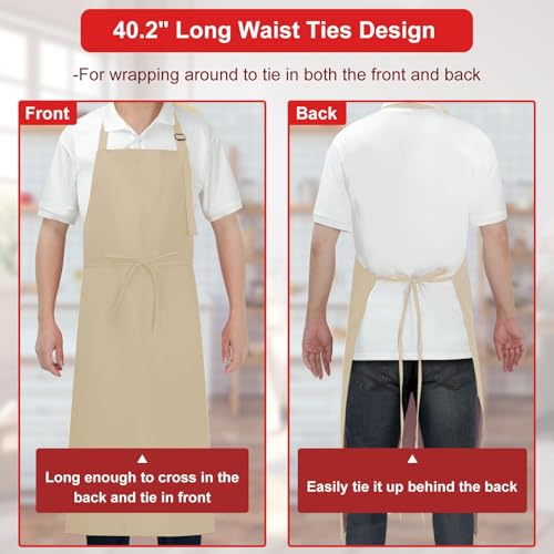 SHEOMERN Aprons for Men Kitchen Cooking – Waterproof & Oil Proof 3-Layer Long Pocket-Free Chef Apron for Grilling BBQ Baking – Gift for Men - color: Beige