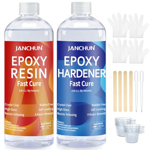 JANCHUN Crystal Clear Epoxy Resin Kit 16oz, Bubble-Free, Anti-Yellowing, Self Leveling Easy Mix 1:1 Coating and Casting Resin for Table Top, Molds, Tumbler Crafts, Painting, Jewelry, DIY Gifts - size: 8 Fl Oz (Pack of 2)