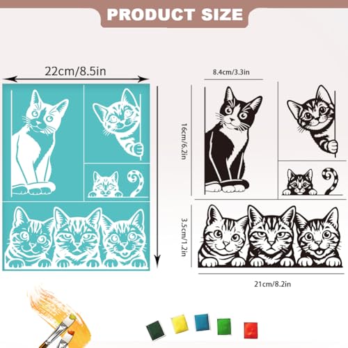 2 Sheets Cat Silk Screen Stencils, Interesting Cats Painting Stencils Templates Reusable Self-Adhesive Silk Screen Printing for Wall Border Wood Fabric Home Craft Decor - style: Interesting Cats