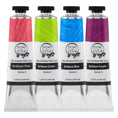 Tusc & Pine Artist Oil Paint - Set of 4 40ml tubes, Brilliant Hues - Non-Yellowing, Rich & Creamy Consistency, Max Pigment Load, Small Batch Milled Oil Paints Made in the USA for Professional Artists - color: Brilliant Set, size: 1.35 Fl Oz (Pack of 4)