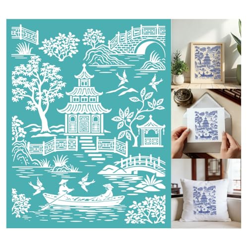 2 Sheets Chinoiserie Silk Screen Stencil, Chinese Garden Pagoda Self-Adhesive Silk Screen Printing Stencils Reusable Mesh Stencil for Painting on Wall, Wood, T-Shirt, Home Craft Decor - style: Chinese landscape