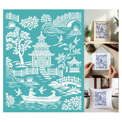 2 Sheets Chinoiserie Silk Screen Stencil, Chinese Garden Pagoda Self-Adhesive Silk Screen Printing Stencils Reusable Mesh Stencil for Painting on Wall, Wood, T-Shirt, Home Craft Decor - style: Chinese landscape