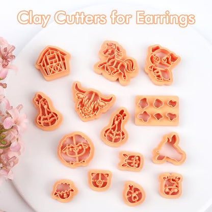 Puocaon Farm Animal Clay Cutters - 14 Pcs Cute Animal Clay Cutters for Polymer Clay Jewelry, Highland Cow Print Pig Clay Earring Cutters, Mini Stud Earring Sheep Chicken Polymer Cutter