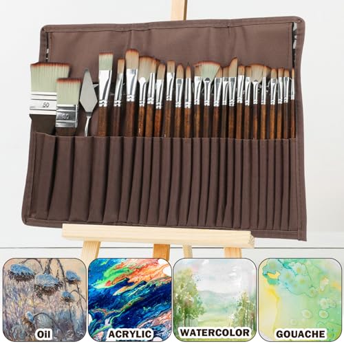 25pcs Paint Brush Set, Acrylic Paint Brushes, Professional Artist Series with Paint Spatula and Cloth Roll for Acrylic Painting, Oil, Watercolor, Gouache Face Painting, Complete Range of Sizes