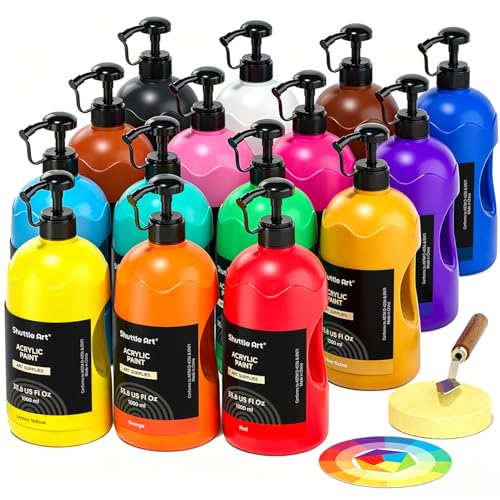 Shuttle Art 15 Colors Acrylic Paint Set, 33.8oz/1000ml Large Capacity Pump Bottles, Rich Pigments, High Coverage Paint, Fast Drying, Non-Toxic, for Canvas Wood Ceramic Rock Painting & DIY Crafts - color: 15 Colors, size: 33.8 Fl Oz (Pack of 15)