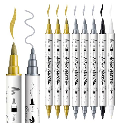 TRANSON 3 Gold, 3 Silver, 1 Black and 1 White Paint Markers Brush and Fine Dual-tip Acrylic Paint Marker Set for Rock Painting Glass Canvas Wood Leather Ceramic Painting - style: Brush and Fine 3 Gold 3 Silver 1 Black and 1 White