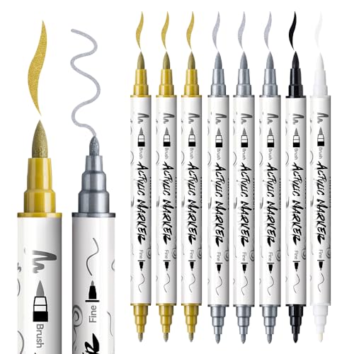 TRANSON 3 Gold, 3 Silver, 1 Black and 1 White Paint Markers Brush and Fine Dual-tip Acrylic Paint Marker Set for Rock Painting Glass Canvas Wood Leather Ceramic Painting - style: Brush and Fine 3 Gold 3 Silver 1 Black and 1 White