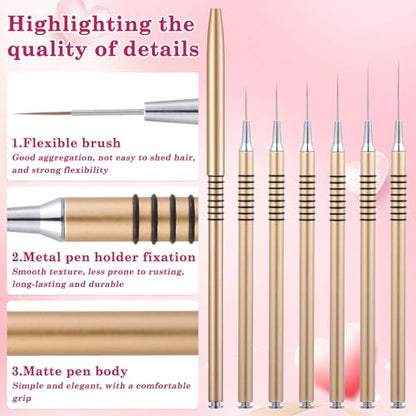 6Pcs Nail Art Liner Brushes Set, Fine Drawing Painting Details Design Striping Brush With Gel Polish Acrylic Handle Gifts Manicure Tools DIY Sizes 5/7/9/11/15/25mm, Gold - color: Gold