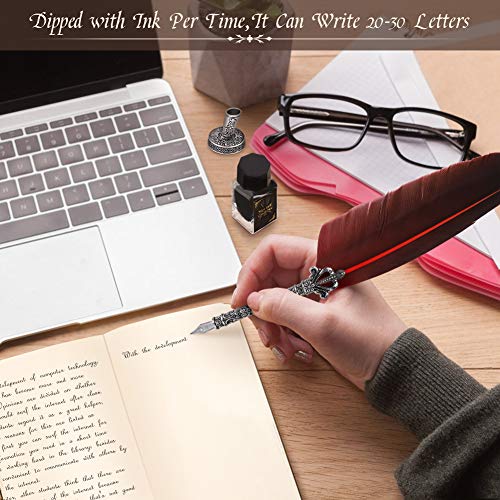 Quill Pen Antique Calligraphy Handmade Writting Quill Pen Set for English Writing, Vintage Stationery Gift with 1 Empty Ink Bottle 5 Nibs 1 Nib Base for