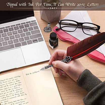 Quill Pen Antique Calligraphy Handmade Writting Quill Pen Set for English Writing, Vintage Stationery Gift with 1 Empty Ink Bottle 5 Nibs 1 Nib Base for