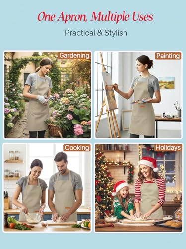 Kitchen Cooking Apron for Women Men Water-Resistant Artist Barista Baking Craft Catering Work Bib with Large Pockets - color: Beige