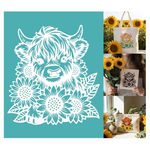 2 Pcs Highland Cow Silk Screen Stencil, Sunflower Self-Adhesive Reusable Silk Screen Printing Stencils Template for Painting on Wood, Fabric, Walls, Garden Decor & DIY Crafts - style: Sunflowers Cow