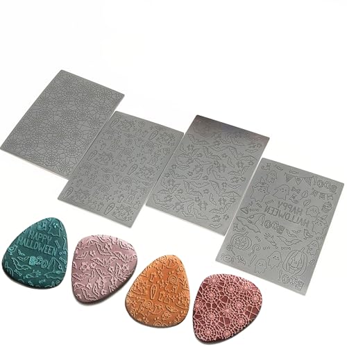 Halloween Polymer Clay Texture Sheets for Earring Jewerly Making,Spider Web Ghost Bat Texture Mat for Polymer Clay Projects Polymer Clay Earrings Tools，4pcs/Pack
