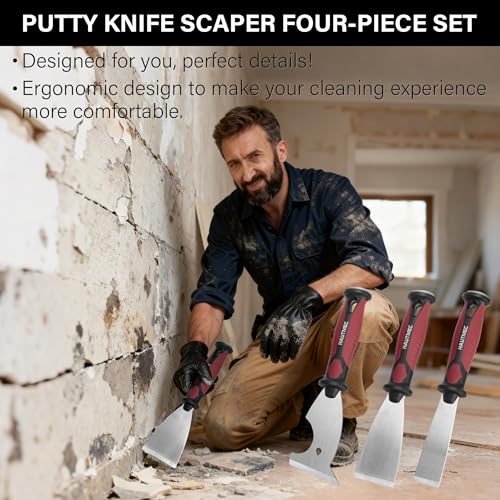 HAUTMEC Putty Knife 4 PC Set, 1.25",2",3" Paint Scraper & 3" 8-in-1 Paint Stripper, Heavy Duty Stainless Steel Blade and Hammer End for Removing Wallpaper, Plaster, Cement 25060