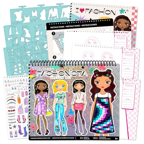 Fashion Angels Fashion Design Sketch Portfolio, Includes 40 Sketch Sheets, 4 Stencil Sheets & Stickers, Fashion Sketch Pad for Beginners & Kids Ages 6+ - color: Fashion Design