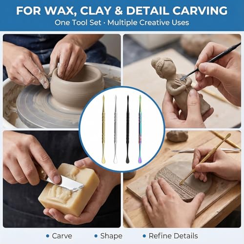 4 Pcs Wax Carving Tools Set, Stainless Steel Double-Ended Sculpting Tools for Wax Clay Pottery, Non-Slip Grip Detail Modeling Tools for Sculpting, Carving, Shaping & Jewelry Making(4.8inch）