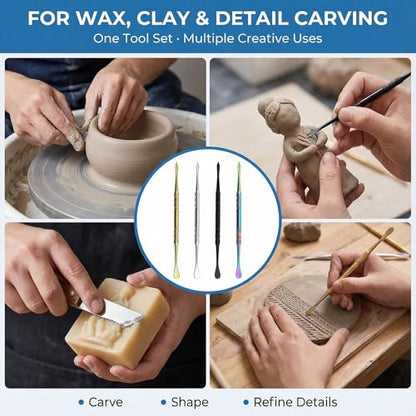 4 Pcs Wax Carving Tools Set, Stainless Steel Double-Ended Sculpting Tools for Wax Clay Pottery, Non-Slip Grip Detail Modeling Tools for Sculpting, Carving, Shaping & Jewelry Making(4.8inch）