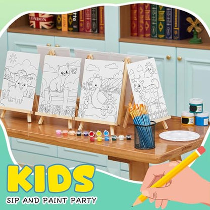 Ireer 12 Set Paint Party Set 8 x 10 Sip and Paint Kit Include 12 Printed Pre Drawn Canvas Panel, Wooden Easels, Palettes, Pots, Apron 36 Brushes for Adult Art DIY Party(Farm Animals) - style: Farm Animals