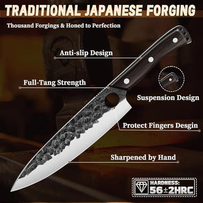 Golden Bird Japanese Chef Knife Set with Roll Bag, Hand Forged Butcher Knife Set for Meat Cutting, Outdoor BBQ Knives for Men, Christmas Gifts for Men Women - size: 8.07inches
