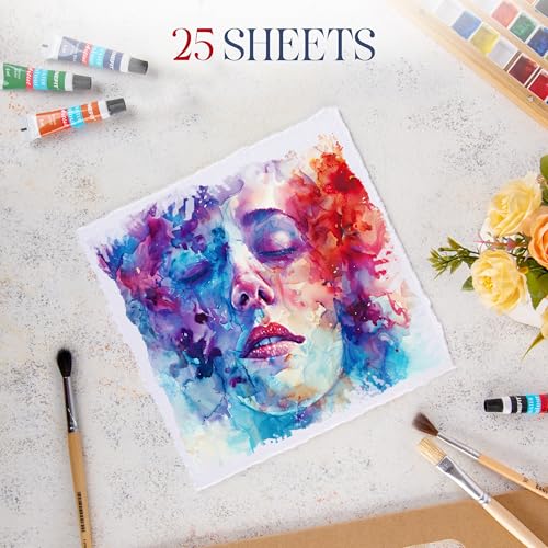 Wanderings Thick Handmade Watercolor Paper with Deckle Edge - 8" x 8" - 300GSM - Premium White Hot Press Smooth Mixed Media Paper Made with Recycled Cotton - 25 Loose Leaf Sheets - color: White, size: 8x8" (20x20cm)