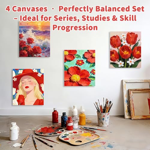 Stretched Canvas Cotton Linen for Oil & Heavy Acrylics 4-Pack 12x16 | 400gsm cotton linen, triple gesso, gallery wrap deep frame, Warp-Resistant, professional quality