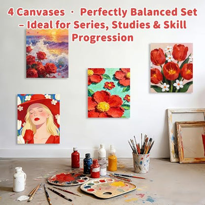 Stretched Canvas Cotton Linen for Oil & Heavy Acrylics 4-Pack 12x16 | 400gsm cotton linen, triple gesso, gallery wrap deep frame, Warp-Resistant, professional quality