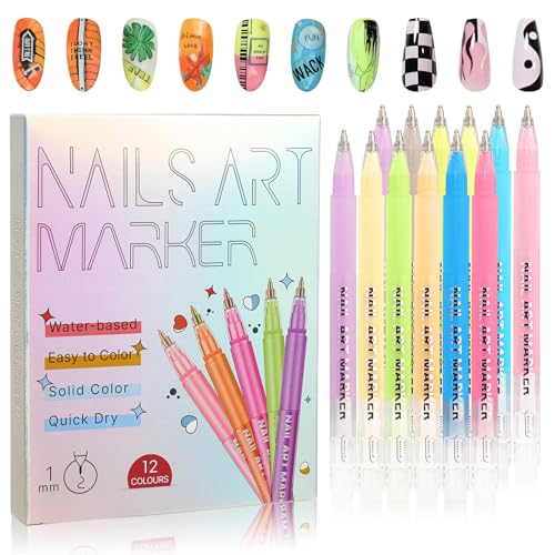12 Color Nail Art Pens Set, 3D Quick-Dry 1 MM Nail Polish Pens, Nail Art Painted Pen Kit, DIY Nail Art Marker Graffiti Dotting Pen, for Nails Art Design Manicure Nail DIY Decoration (B)