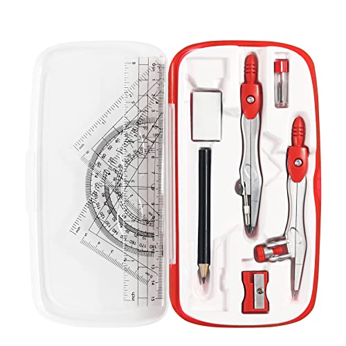 Vobou Math Geometry Kit Sets 10 Piece Student Supplies with Shatterproof Storage Box,Includes Rulers,Protractor,Compass,Eraser,Pencil Sharpener,Lead Refills,Pencil,for Drafting and Drawings（Red） - color: Red