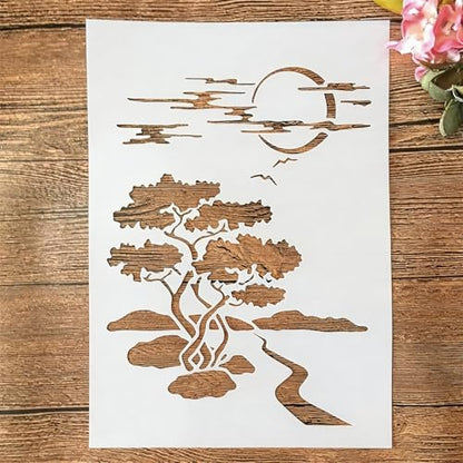 TIAMECH A4 Reusable Night Scene Stencil for Painting | Moon Road Tree Mountain Layering Template, DIY Wall Art, Wood Furniture, Scrapbook & Crafts (8.3x11.7inch) - style: Moon Road