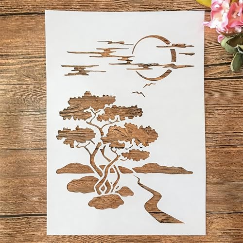 TIAMECH A4 Reusable Night Scene Stencil for Painting | Moon Road Tree Mountain Layering Template, DIY Wall Art, Wood Furniture, Scrapbook & Crafts (8.3x11.7inch) - style: Moon Road