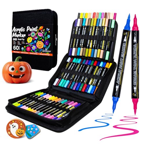 WINSONS 60 Colors Acrylic Paint Markers, Dual Tip with Fine Tip and Brush Tip Pens for Rock Painting Supplies, Canvas, Wood, Calligraphy, Metal, Ceramic, Glass, DIY Crafts Art Supplies Kit - style: 60 Colors - Dual Tip